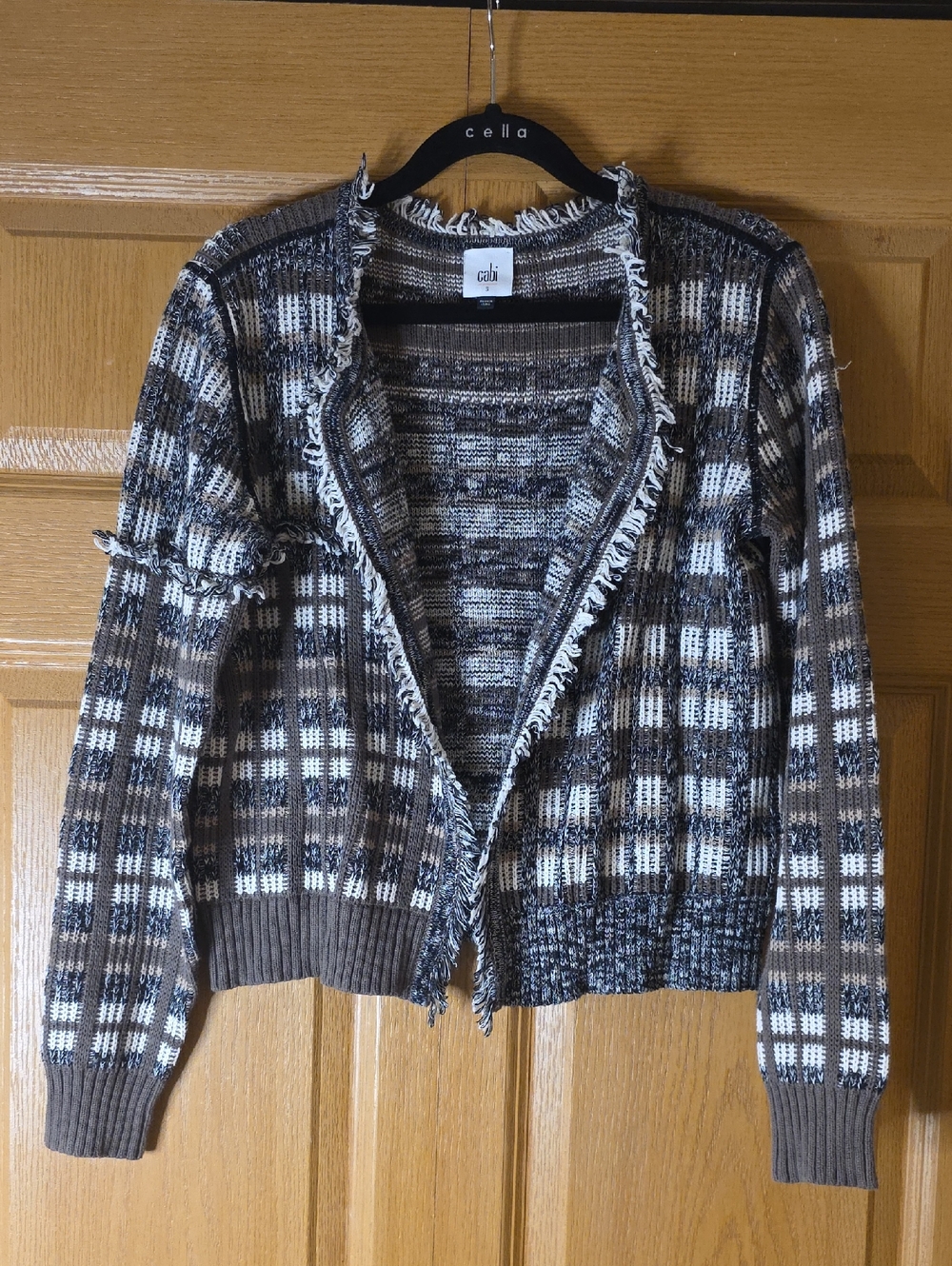 CAbi Brown White Plaid Fringe Trim Open-Front Cardigan Women's Small GUC - Picture 1 of 5